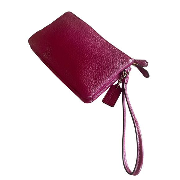 COACH Fuchsia Pebbled Leather Double Corner Zip Wristlet Bag Wallet Hang Tag - Picture 9 of 12